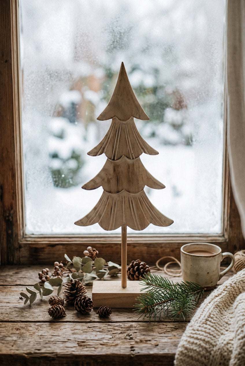 Wooden Fir Tree Decoration for Christmas Room Decorations with Pinecones and Cozy Mug