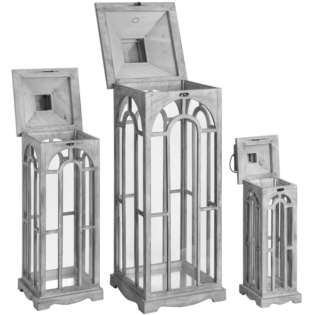 Set Of Three Wooden Lanterns With Archway Design Shades 4 Seasons