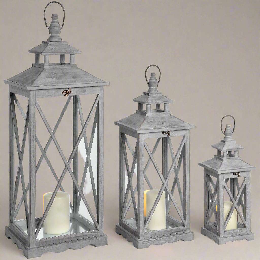 Set Of Three Wooden Lanterns With Traditional Cross Section GREY WOOD Shades 4 Seasons