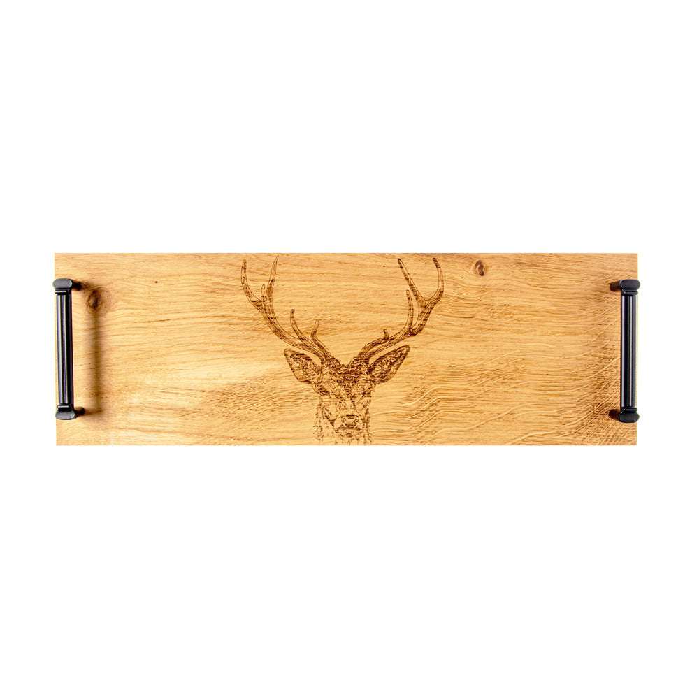 Selbrae House Wooden Serving Tray with Stag Design and Metal Handles for Elegant Hosting