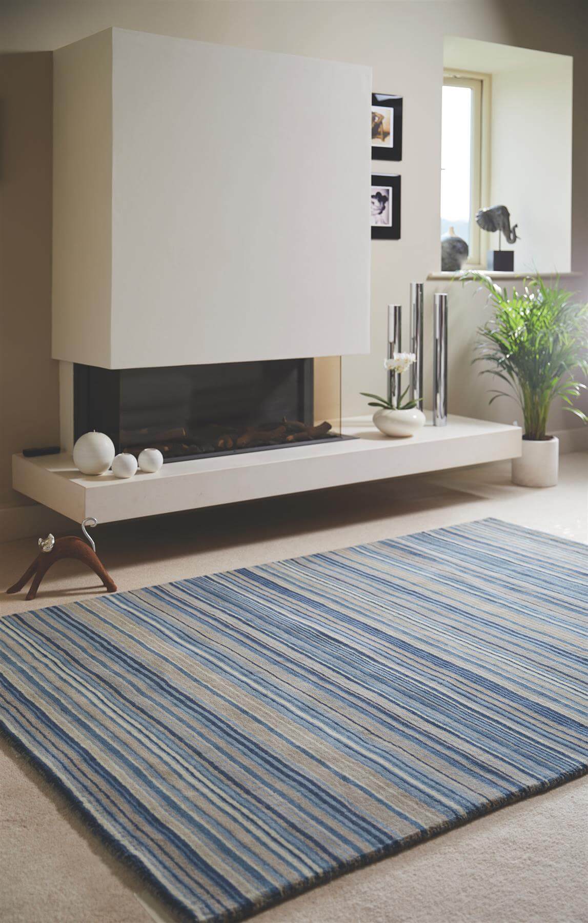 Wool Rug with Blue and Beige Stripes, Perfect for Modern Living Room Decor