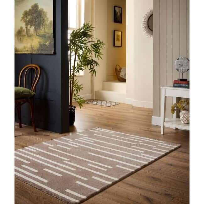 Stylish wool rug in neutral tones with geometric pattern, perfect for modern living spaces