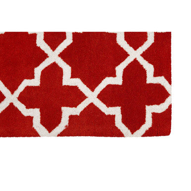 Orsina Woven Rug in vibrant red with white geometric pattern for stylish home decor