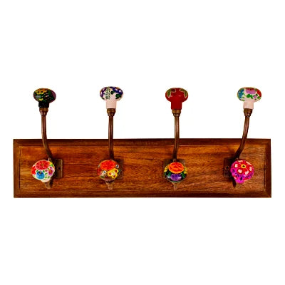 Mexican Floral Ceramic Hooks on Wooden Base - Shades 4 Seasons