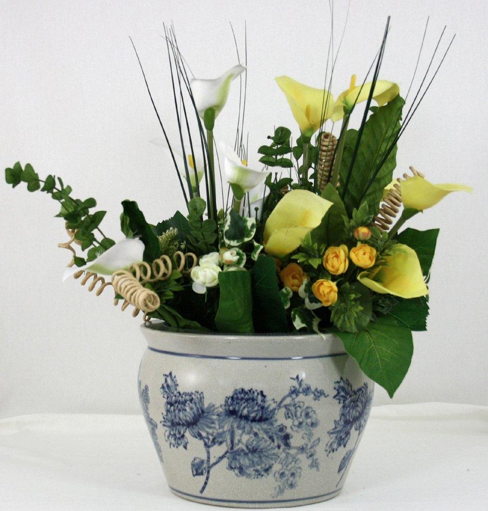 Ceramic Planter, Vintage Blue & White Magnolia Design - Shades 4 Seasons