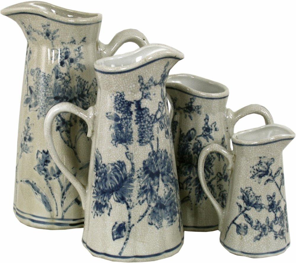Set of 4 Ceramic Jugs, Vintage Blue & White Magnolia Design - Shades 4 Seasons