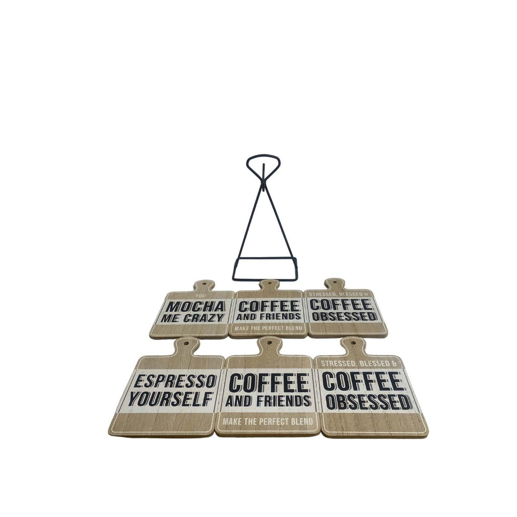 Set of Six Coffee Slogan Coasters On Metal Stand - Shades 4 Seasons