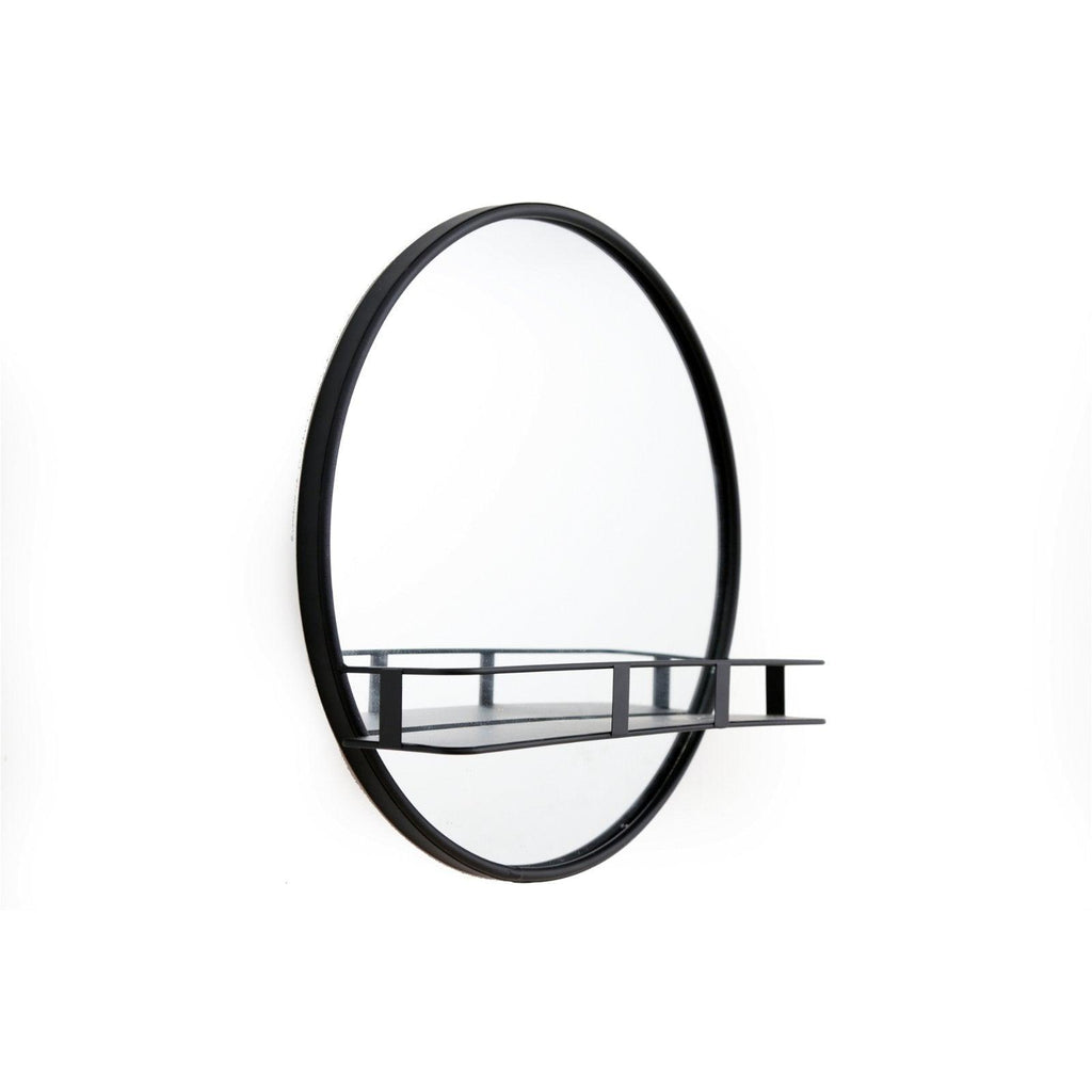 Circular Black Metal Framed Mirror With Shelf - Shades 4 Seasons