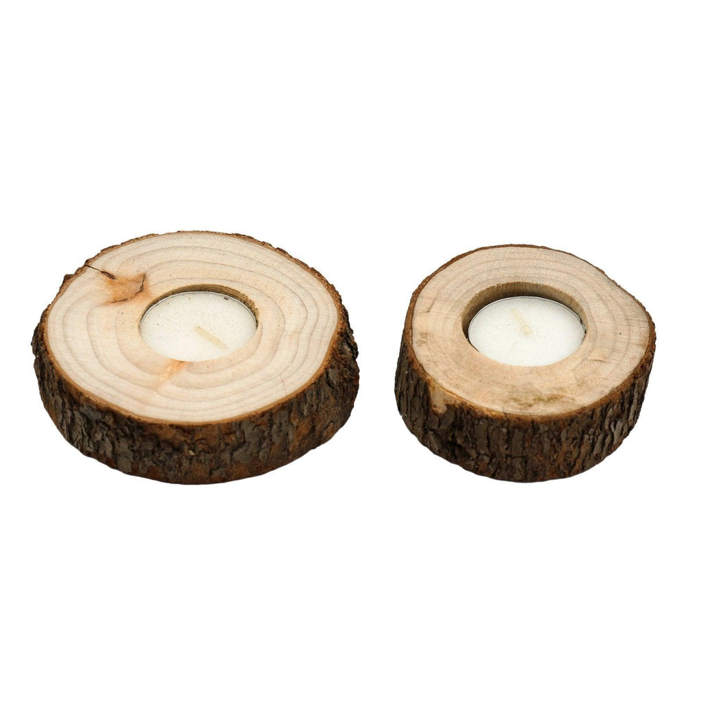 Set of Two Wooden Tealight Holders with Bark Detail - Shades 4 Seasons