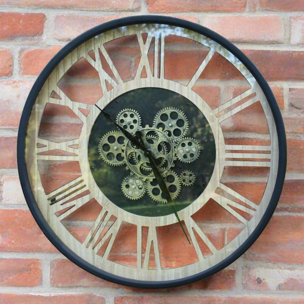 Black and Natural Moving Gear Clock, 57cm. - Shades 4 Seasons