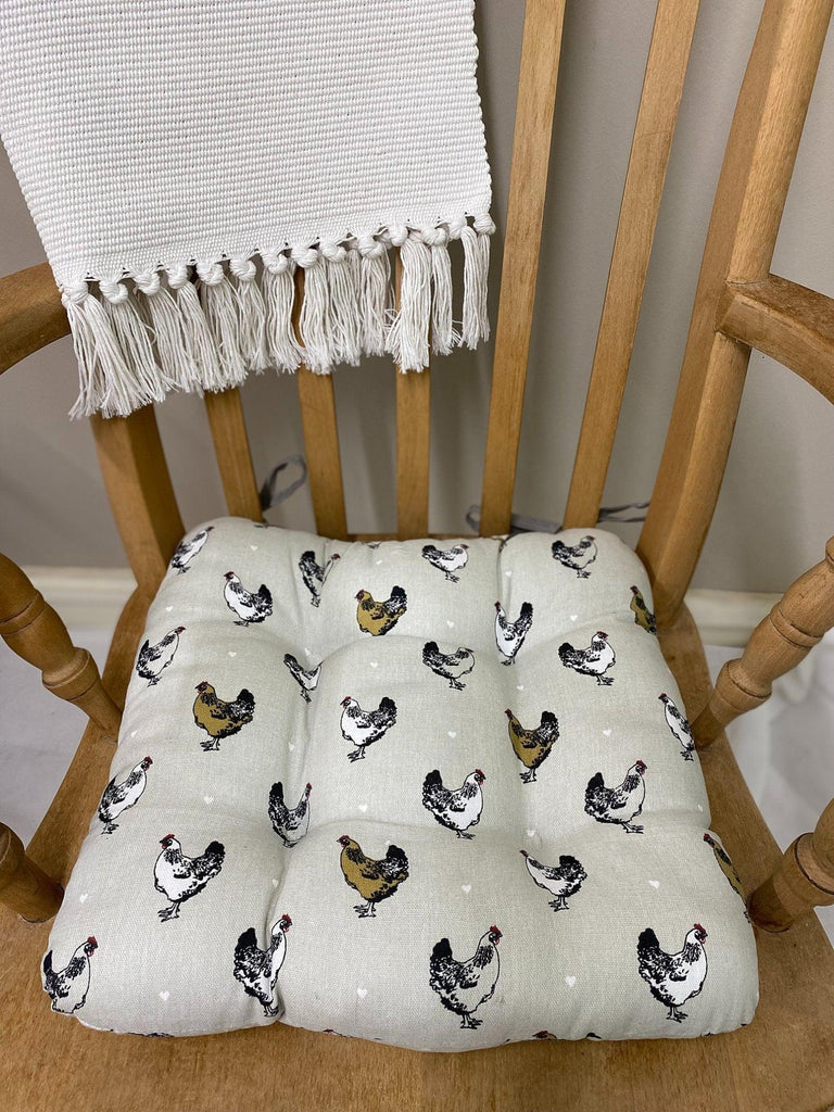 Fabric Seat Pad With Ties With A Chicken Print Design - Shades 4 Seasons