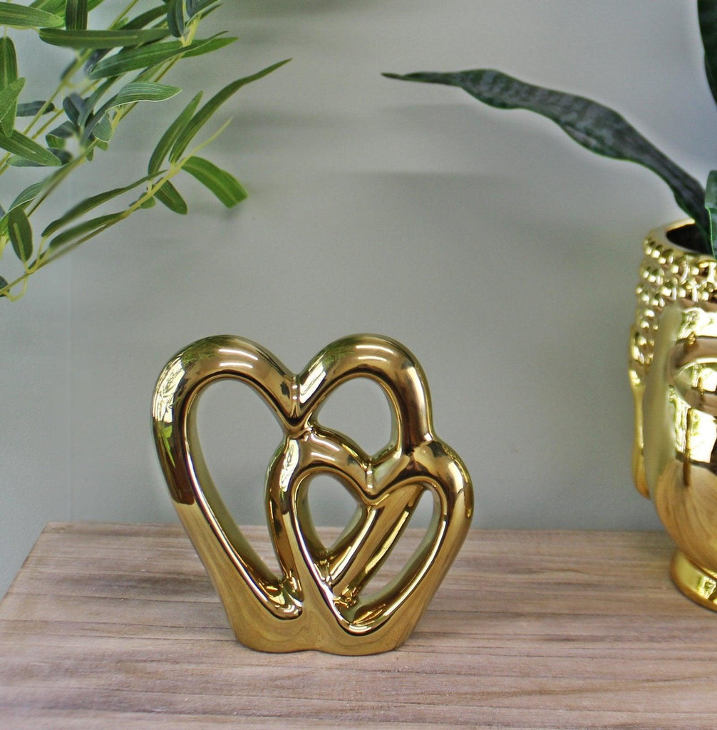 Gold Double Heart Ornament, 15cm. - Shades 4 Seasons