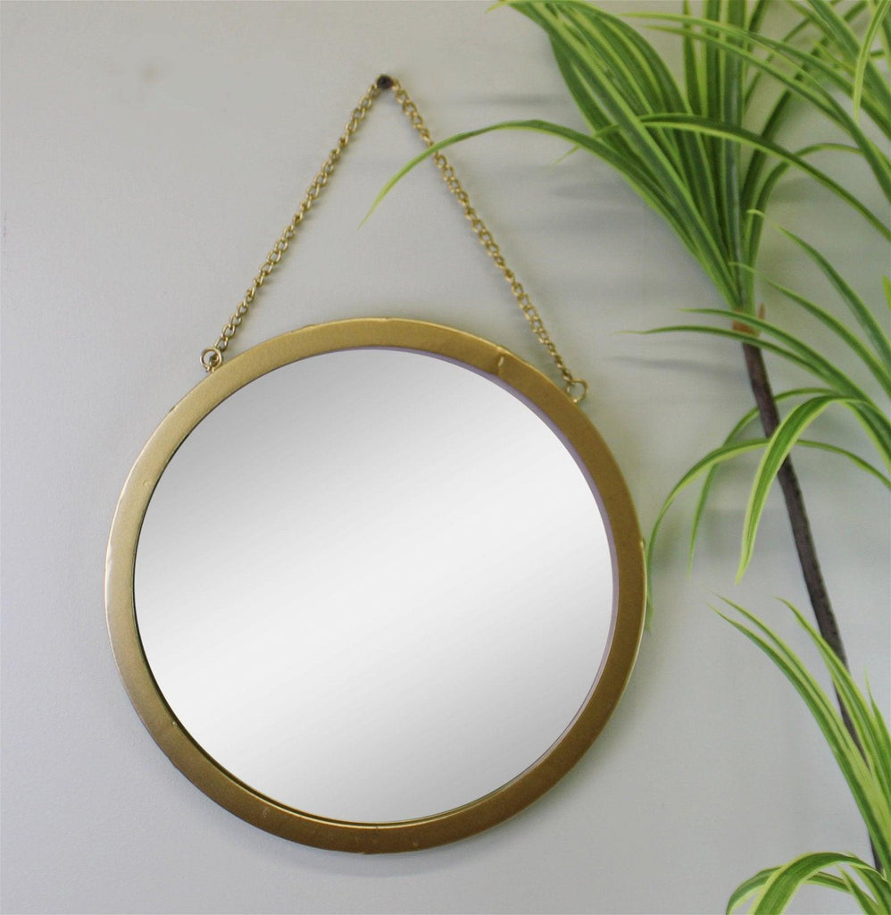Gold Metal Circular Mirror With Hanging Chain, 30cm - Shades 4 Seasons