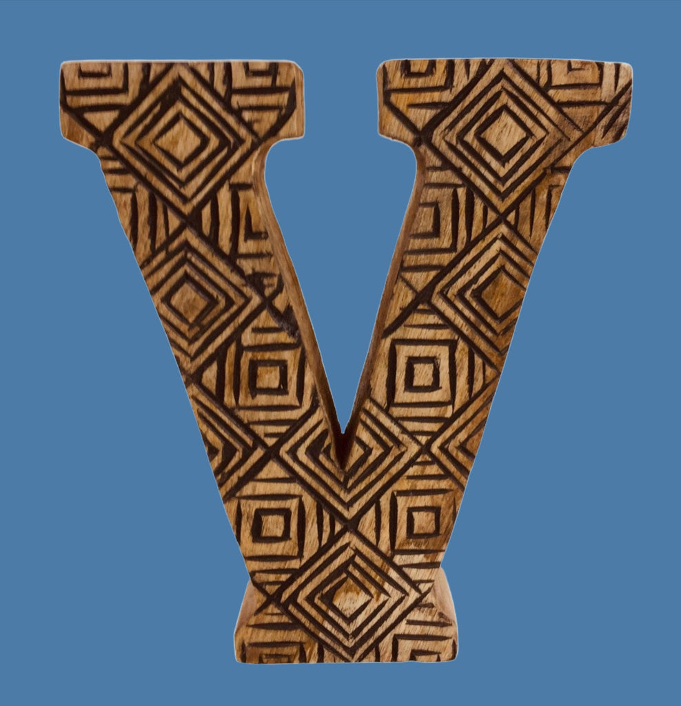 Hand Carved Wooden Geometric Letter V - Shades 4 Seasons
