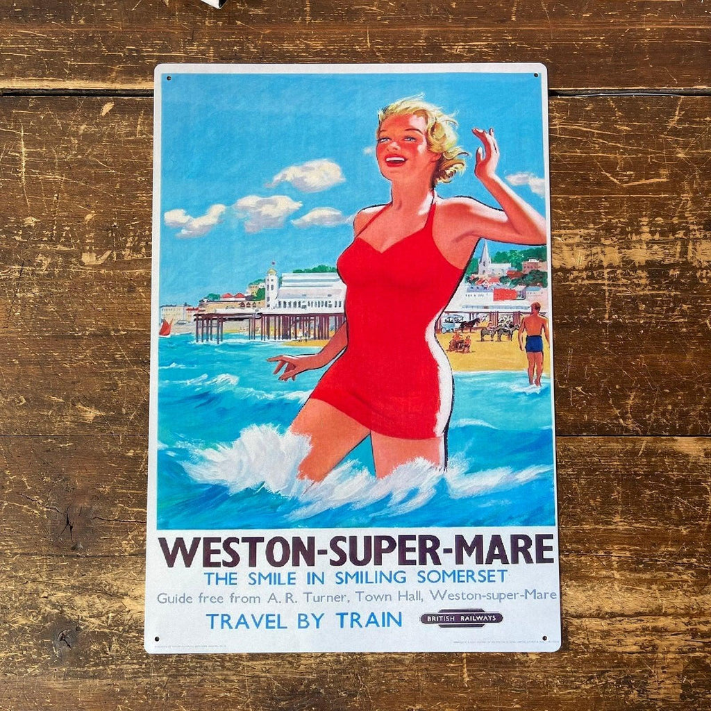 Vintage Metal Sign - British Railways Retro Advertising, Weston-Super-Mare, Somerset - Shades 4 Seasons