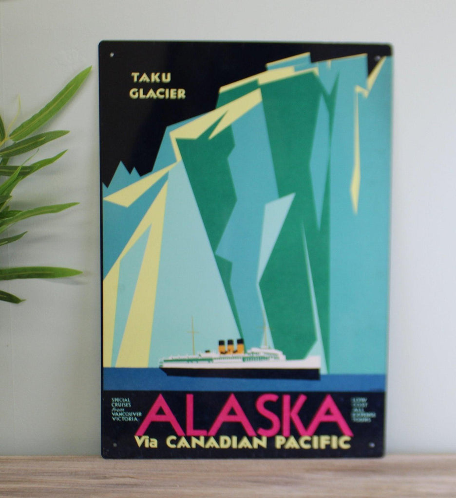 Vintage Metal Sign - Retro Advertising - Alaska Via Canadian Pacific Travel - Shades 4 Seasons
