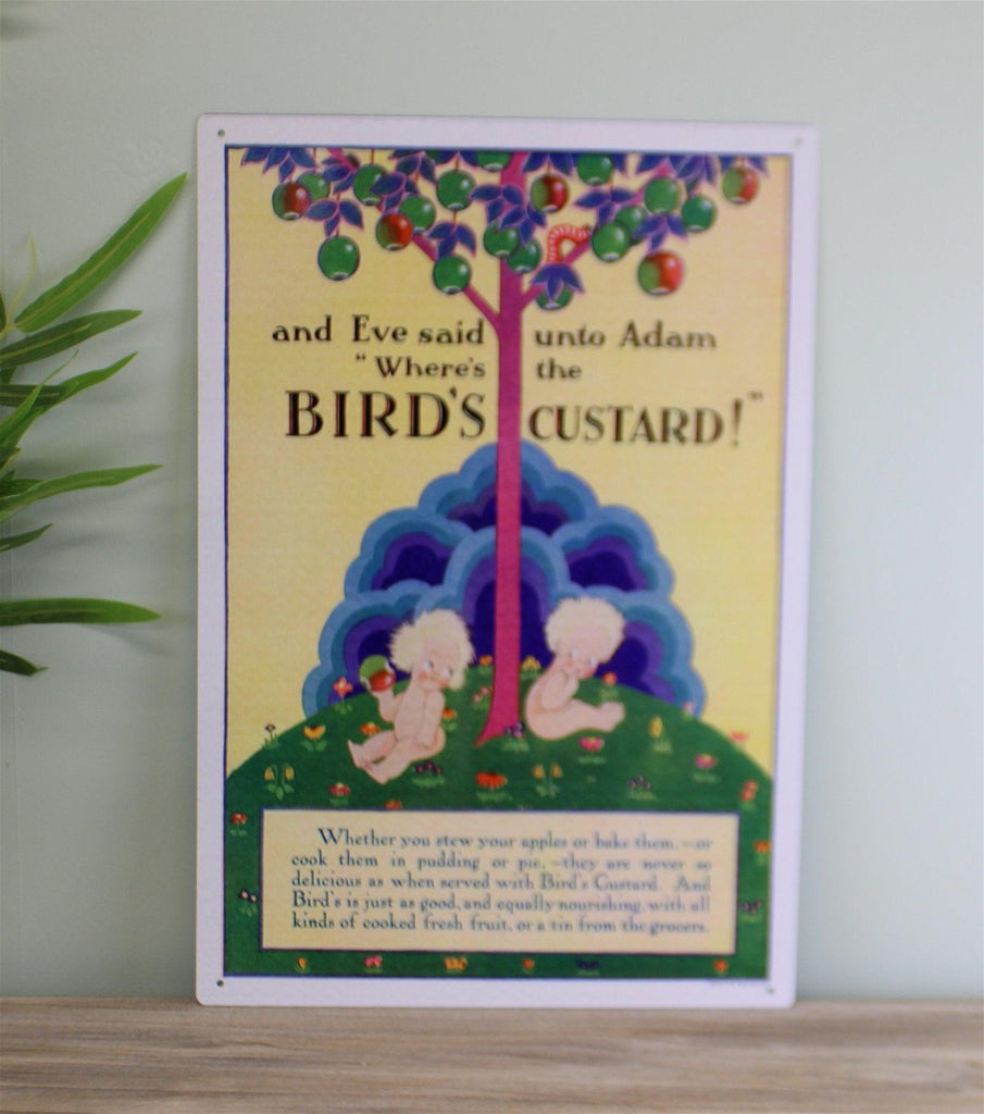 Vintage Metal Sign - Retro Advertising - Birds Custard, Adam & Eve - Shades 4 Seasons