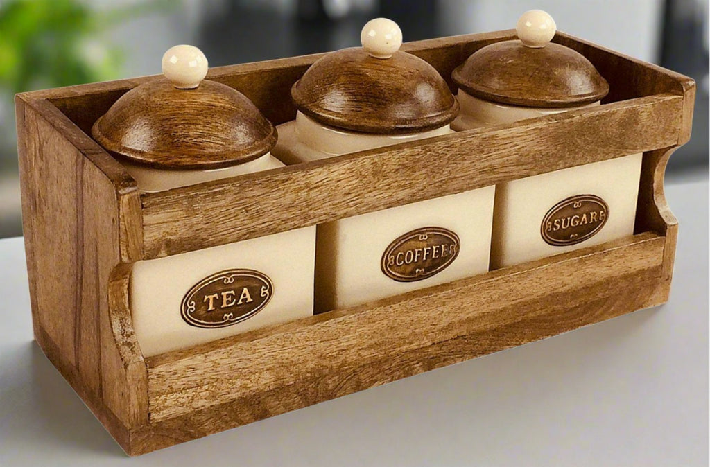 Wooden Rack with 3 Ceramic Jars - Shades 4 Seasons