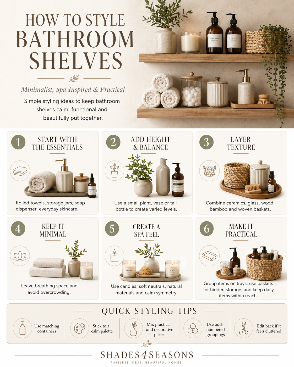 Guide on how to style bathroom shelves with minimalist, spa-inspired ideas for practical decor