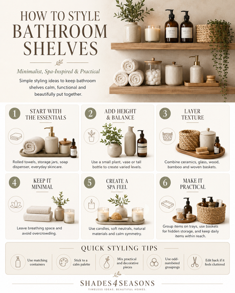 Guide on how to style bathroom shelves with minimalist, spa-inspired ideas for practical decor