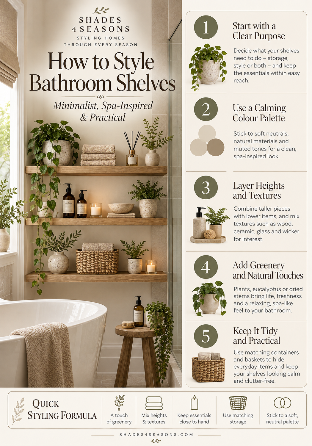 Guide on how to style bathroom shelves with minimalist design, calming colours and practical tips