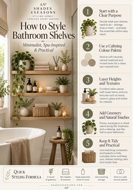 Guide on how to style bathroom shelves with minimalist design, calming colours and practical tips