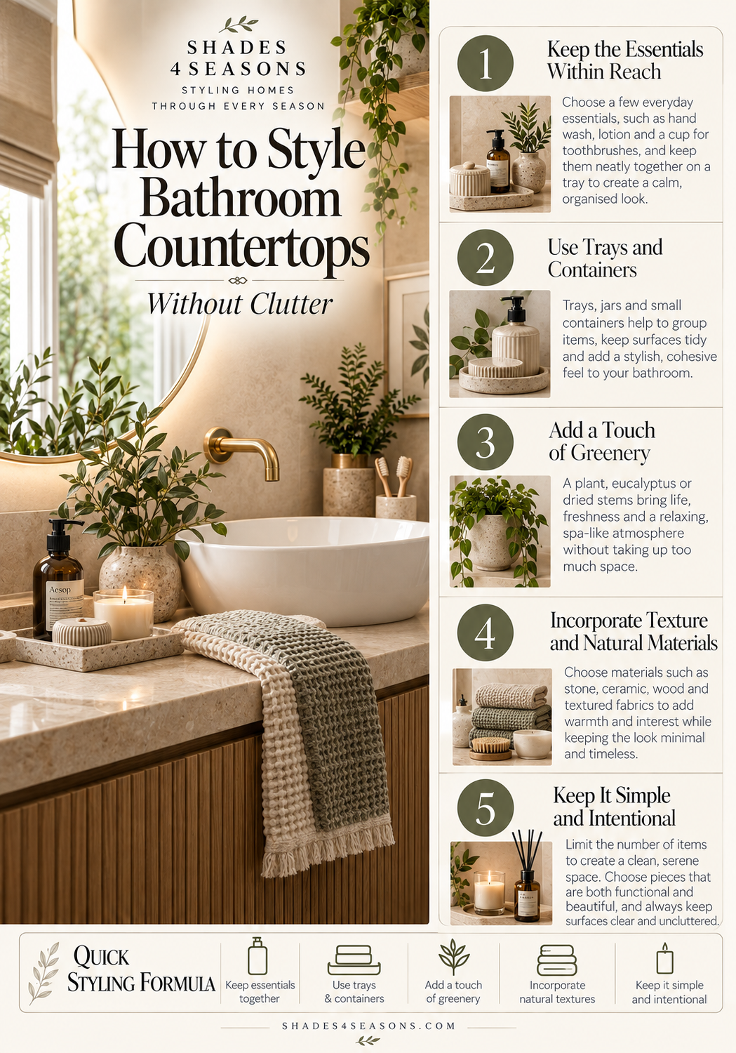 Guide on how to style bathroom countertops featuring tips for organisation and decor ideas