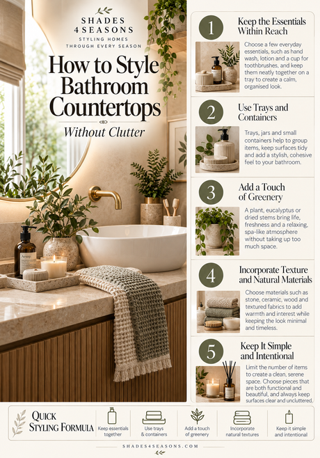 Guide on how to style bathroom countertops featuring tips for organisation and decor ideas