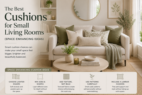 Cushions for Small Living Rooms displayed on a stylish sofa with varying sizes and shades for enhanced space