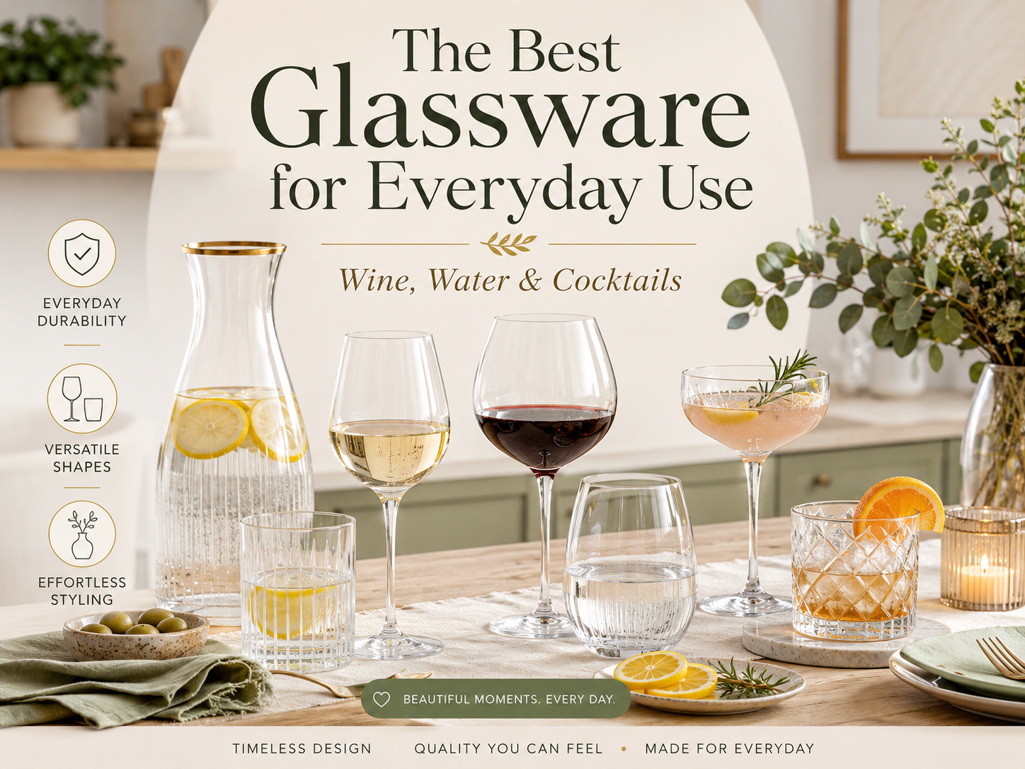 A selection of elegant glassware for everyday use, featuring various shapes for wine, water, and cocktails.