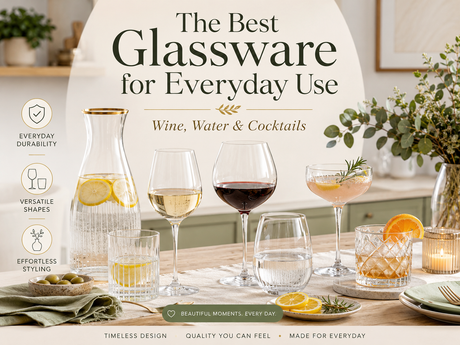 A selection of elegant glassware for everyday use, featuring various shapes for wine, water, and cocktails.