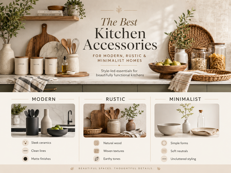 Stylish kitchen accessories display for modern, rustic and minimalist homes with various textures and materials