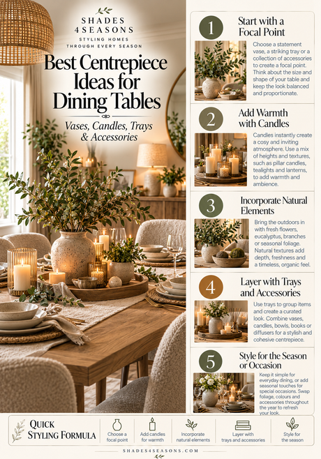 Stylish dining table showcasing best centrepiece ideas with vases, candles, trays and natural elements