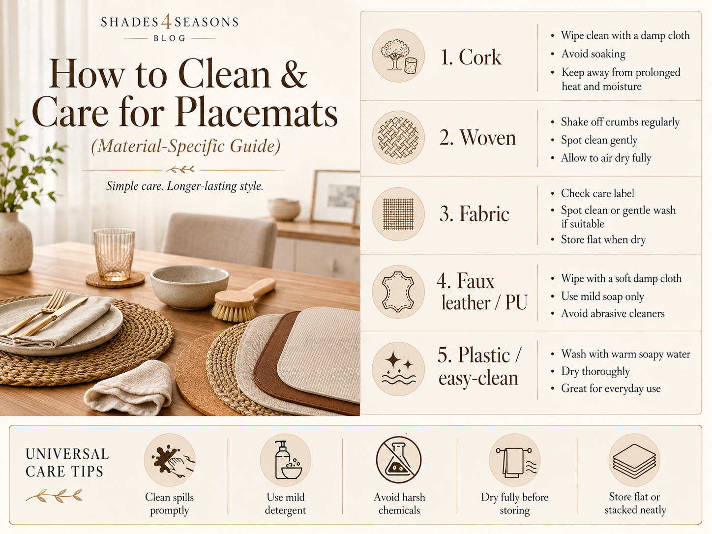Guide on how to clean and care for placemats with material-specific tips for durability