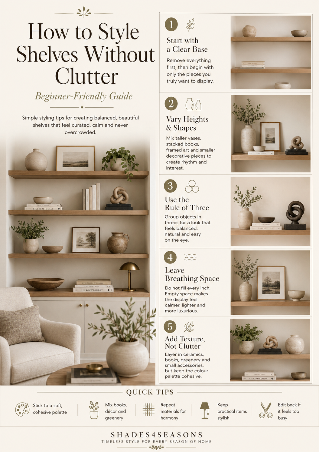 Guide on how to style shelves without clutter, featuring balanced height and decorative elements.