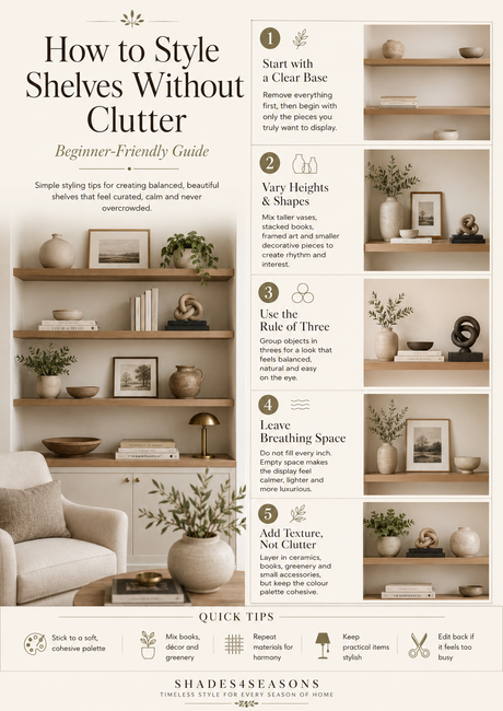 Guide on how to style shelves without clutter, featuring balanced height and decorative elements.
