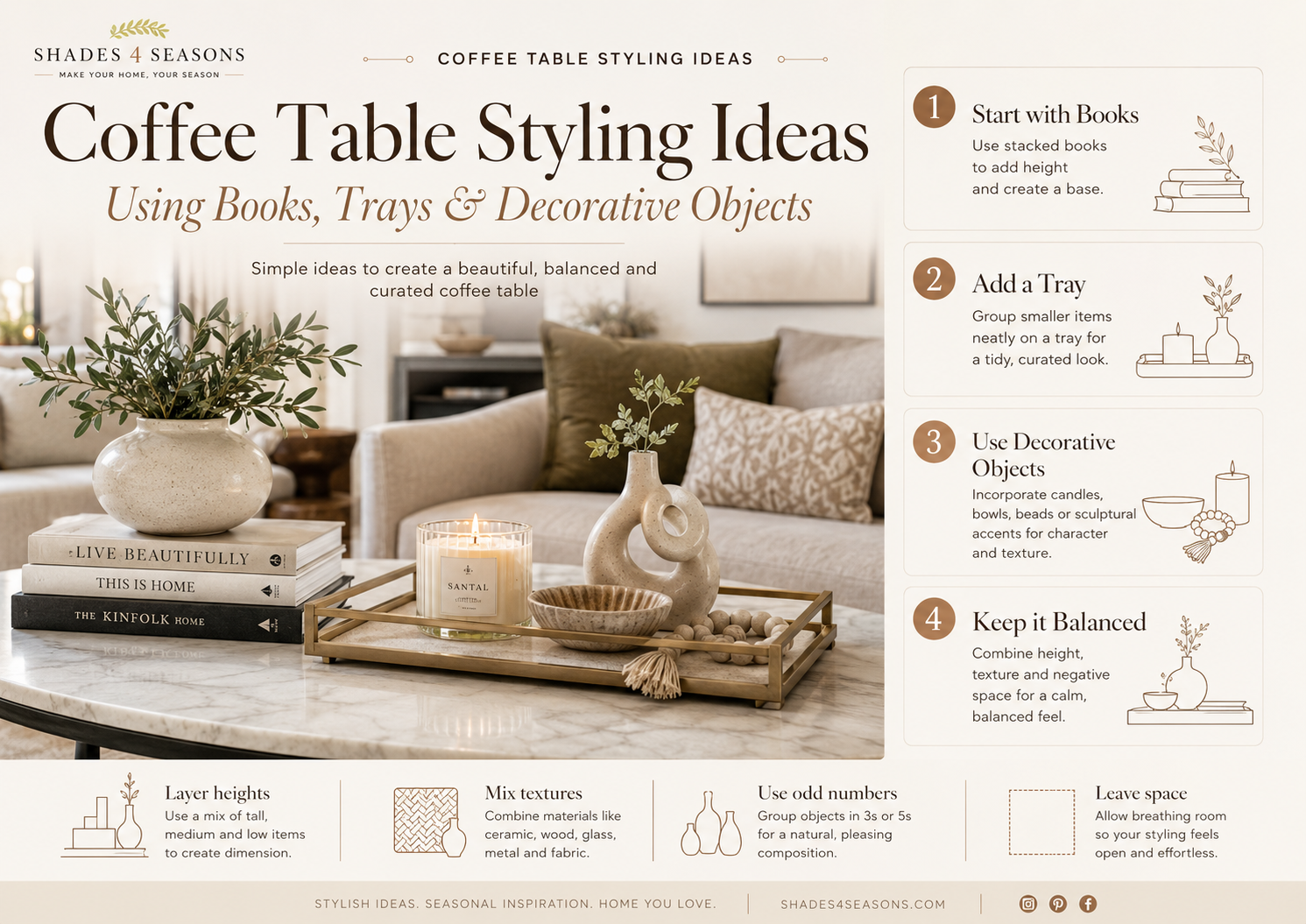 Coffee Table Styling Ideas featuring books, trays, and decorative objects for a balanced look