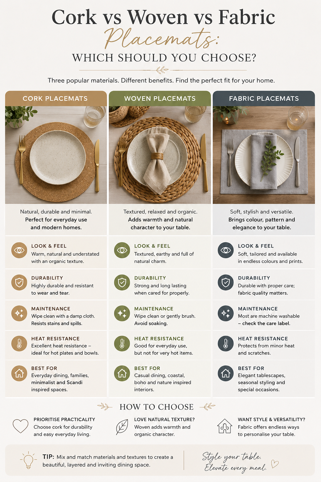 Comparison chart illustrating Cork, Woven and Fabric placemats with key benefits and uses