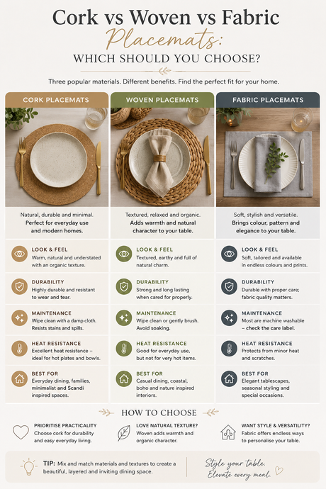 Comparison chart illustrating Cork, Woven and Fabric placemats with key benefits and uses