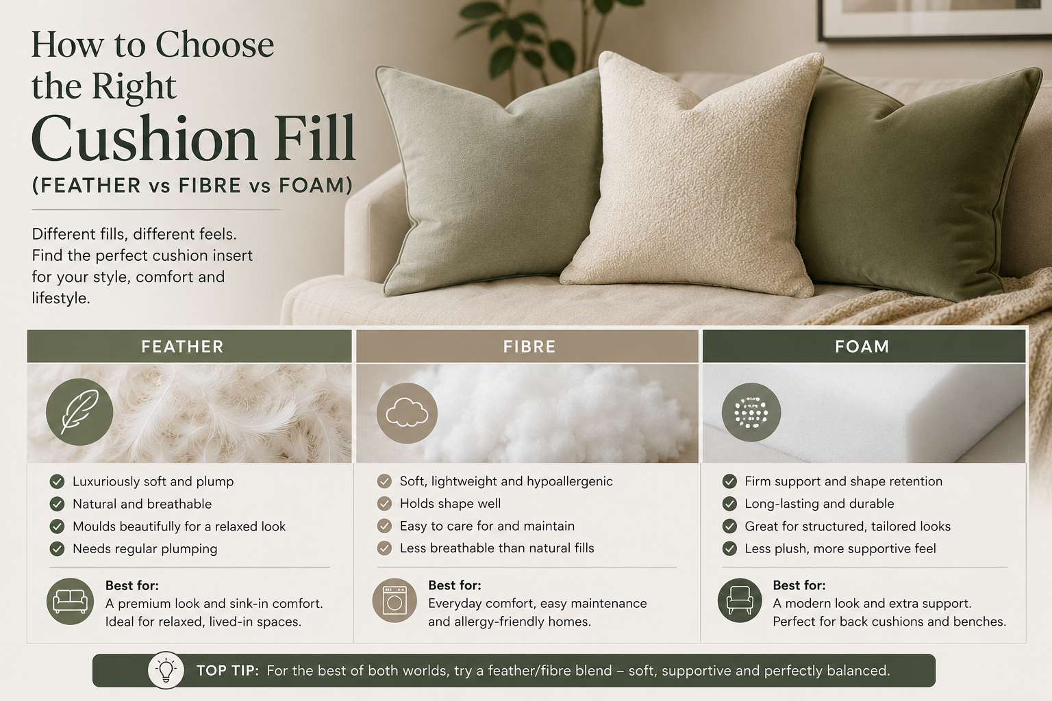 Guide on How to Choose the Right Cushion Fill with Feather, Fibre and Foam Options for Comfort