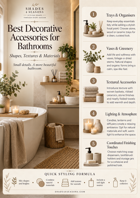 Best Decorative Accessories for Bathrooms with tips on styling trays, vases, lighting and textures