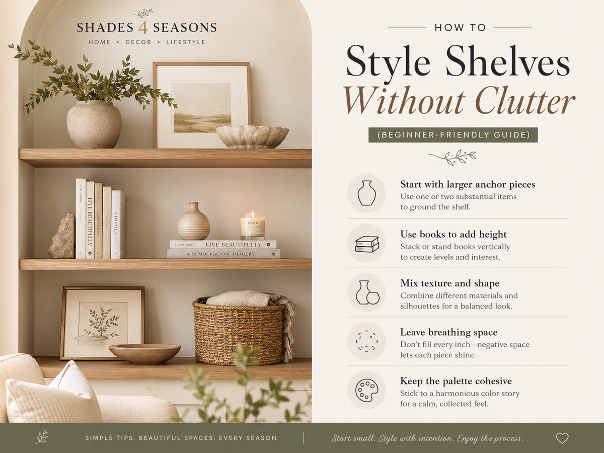 Guide on how to style shelves with tips for a calm and curated display without clutter