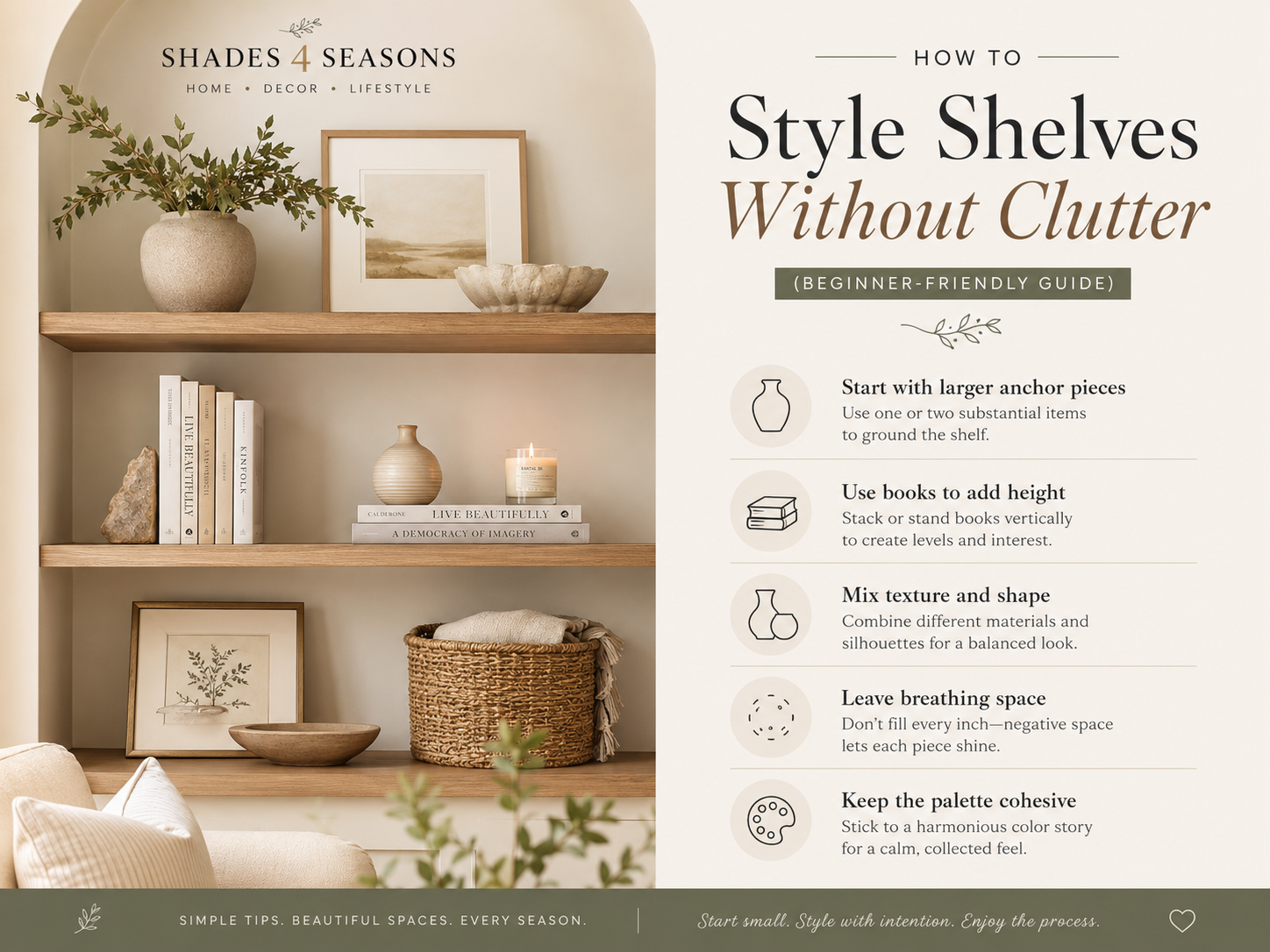 Guide on how to style shelves with tips for a calm and curated display without clutter