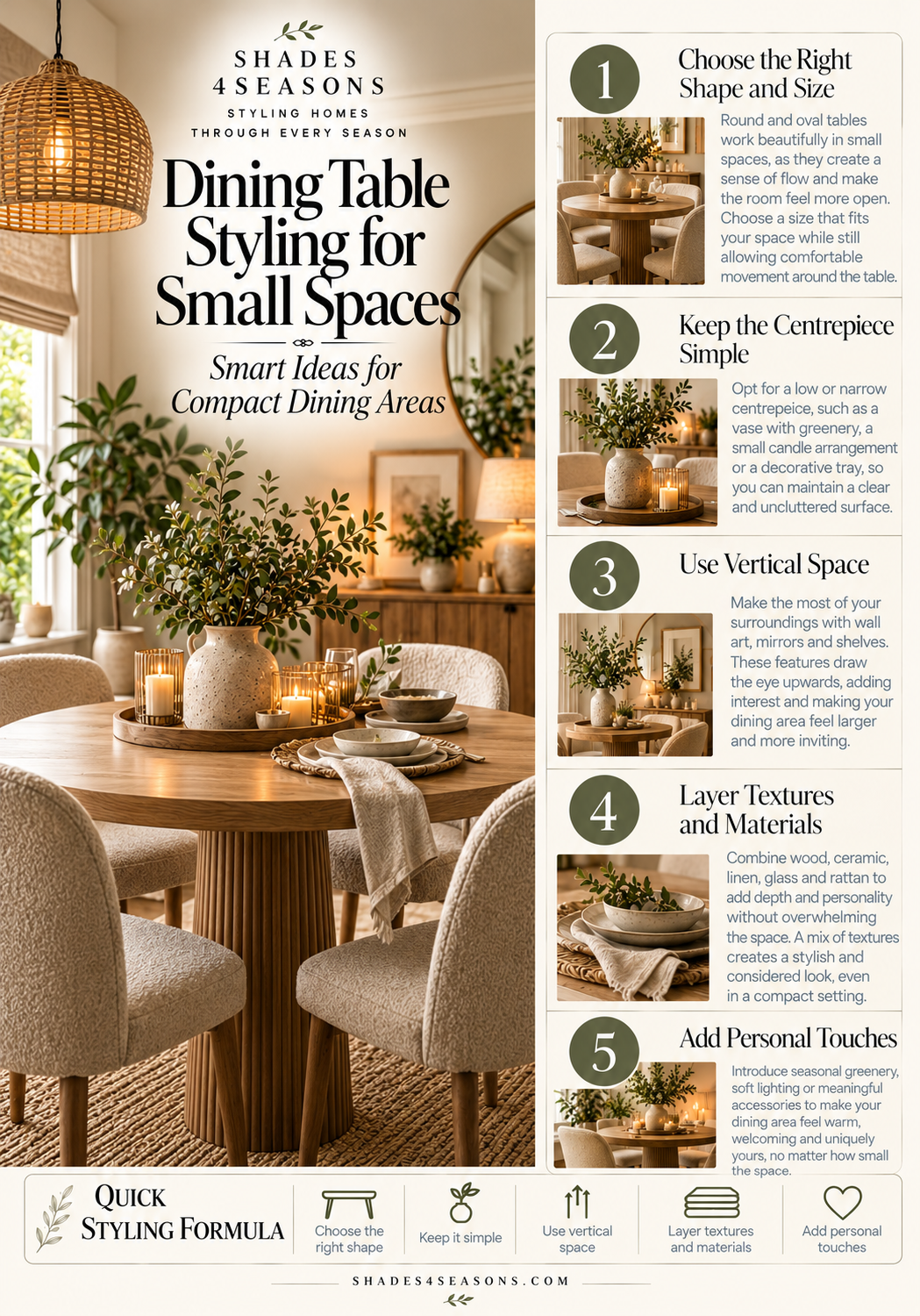 Infographic featuring tips for styling dining tables in compact dining areas to enhance space and functionality.