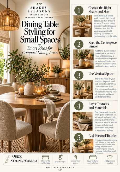 Infographic featuring tips for styling dining tables in compact dining areas to enhance space and functionality.