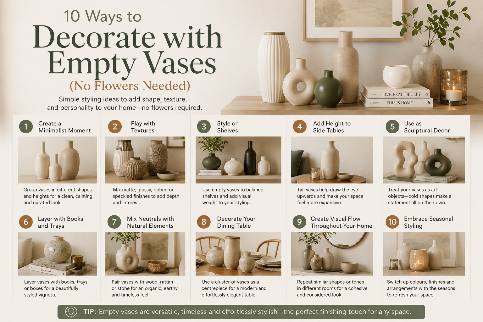 10 creative ways to decorate with empty vases, showcasing various styles and textures for home decor