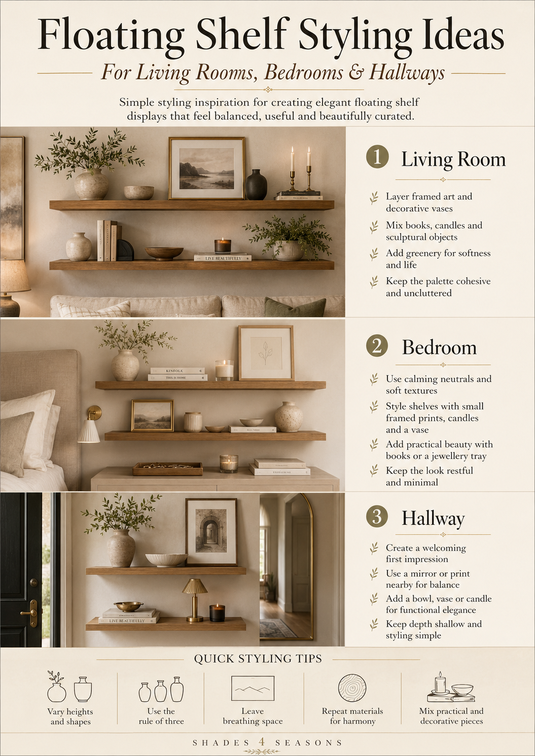 Floating Shelf styling ideas for living rooms, bedrooms, and hallways with tips for balanced displays