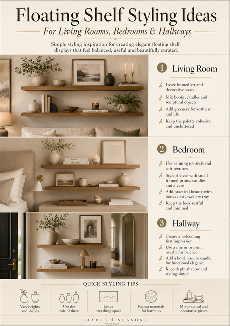 Floating Shelf styling ideas for living rooms, bedrooms, and hallways with tips for balanced displays