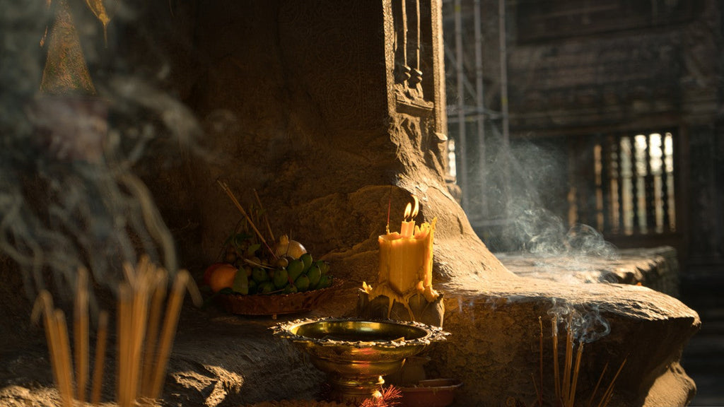 Serene setting highlighting Home Fragrance elements with incense and vibrant offerings in soft light