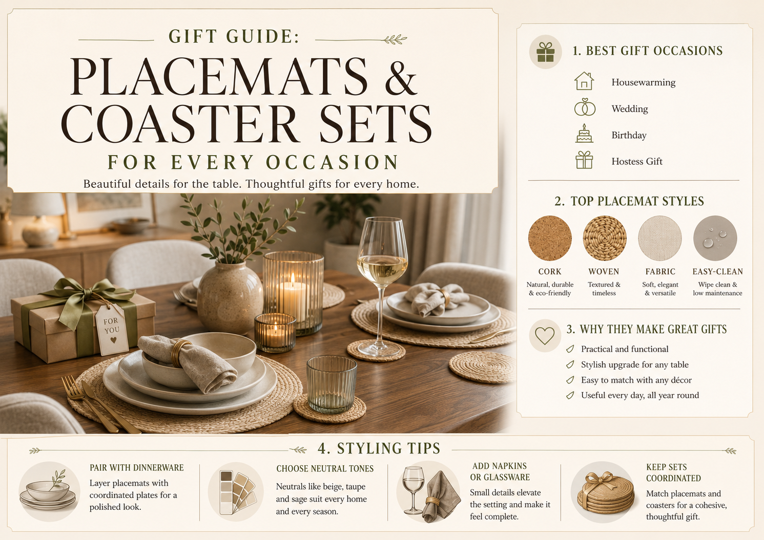 Gift guide showcasing various placemats and coaster sets for every occasion